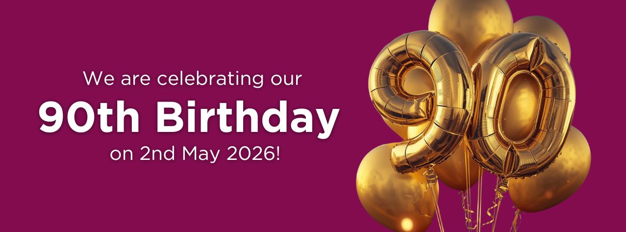 90 in gold ballons with text we are celebrating our 90th birthday on 2nd May 2026